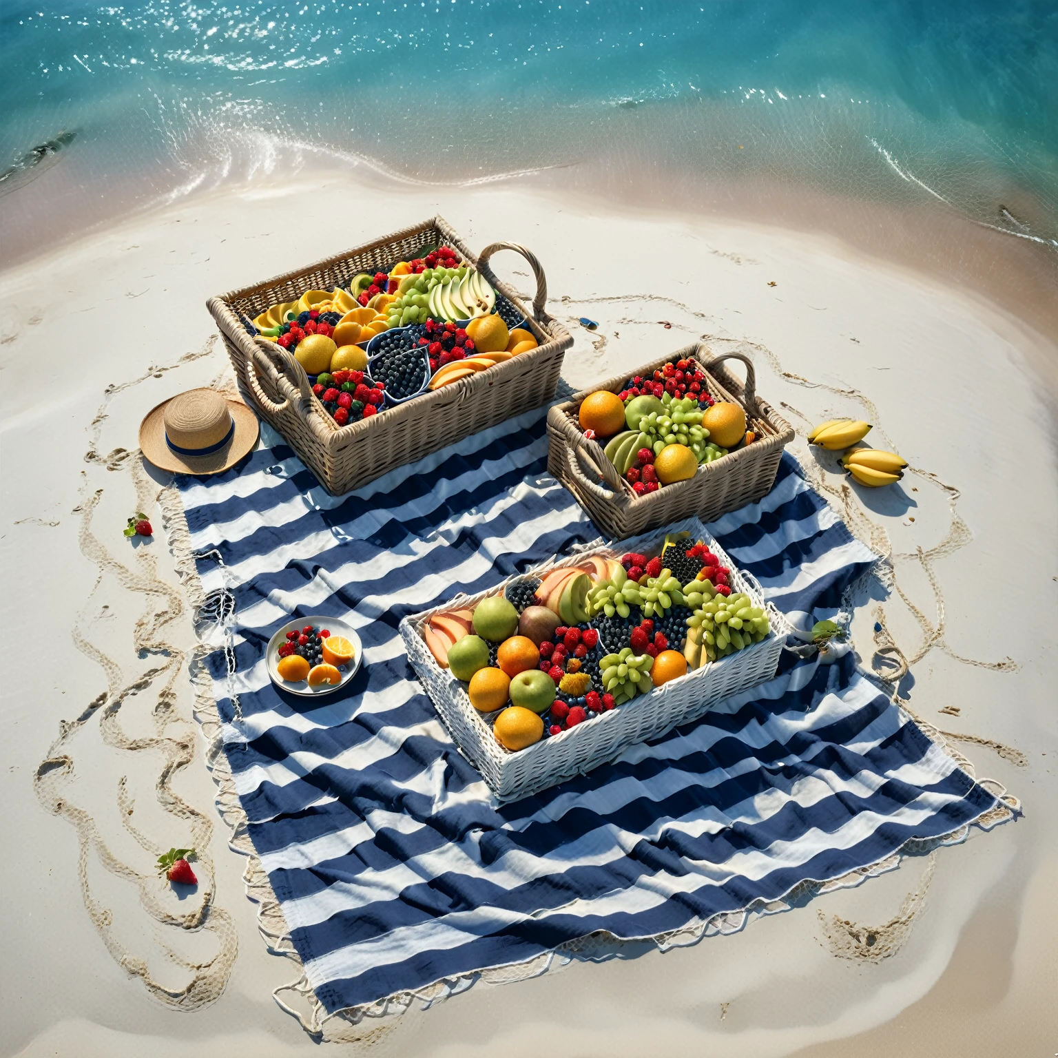 A 8k,original photo, best quality, realistic ,cinematic image of a picnic scene set on a pristine white sand beach with gentle waves lapping at the shore. A white and navy striped blanket is spread out, adorned with a wicker basket overflowing with fresh fruits and colorful sandwiches. A vintage anchor rests beside the basket, partially buried in the sand. In the background, sailboats with white sails dot the horizon under a clear blue sky.
