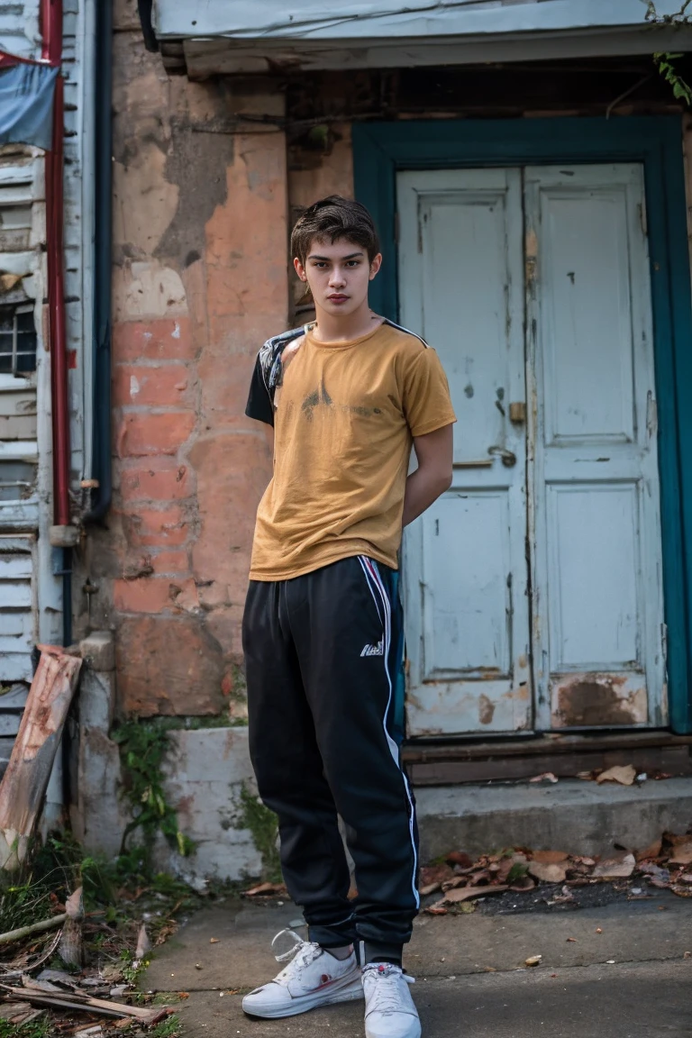 Realistic photo of cute teenager alone , boy, r , 16 yrs , , with a defined physique from lots of training , Standing in front of an abandoned house ,giorno