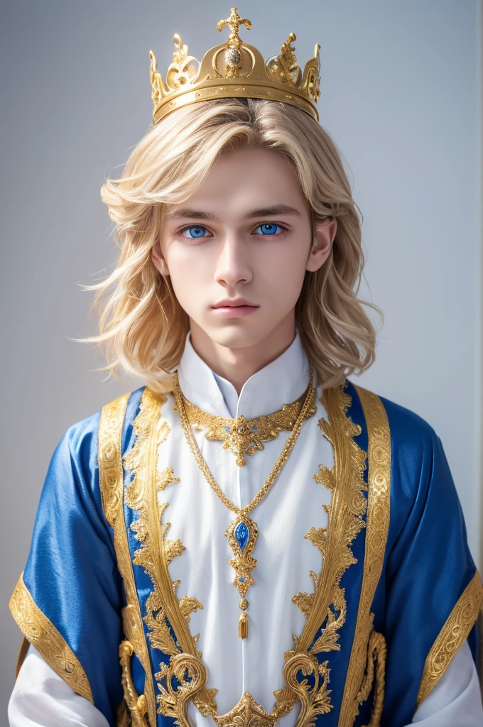 (Highest quality) (4K) (8k) (High resolution) (masterpiece:1.2) (Super detailed) One boy short hair Wizard Blue Eyes Long sleeve Golden decoration Hair between the eyes White Dress Wavy golden hair Upper Body crown (White Background) cute Young Serious Sue