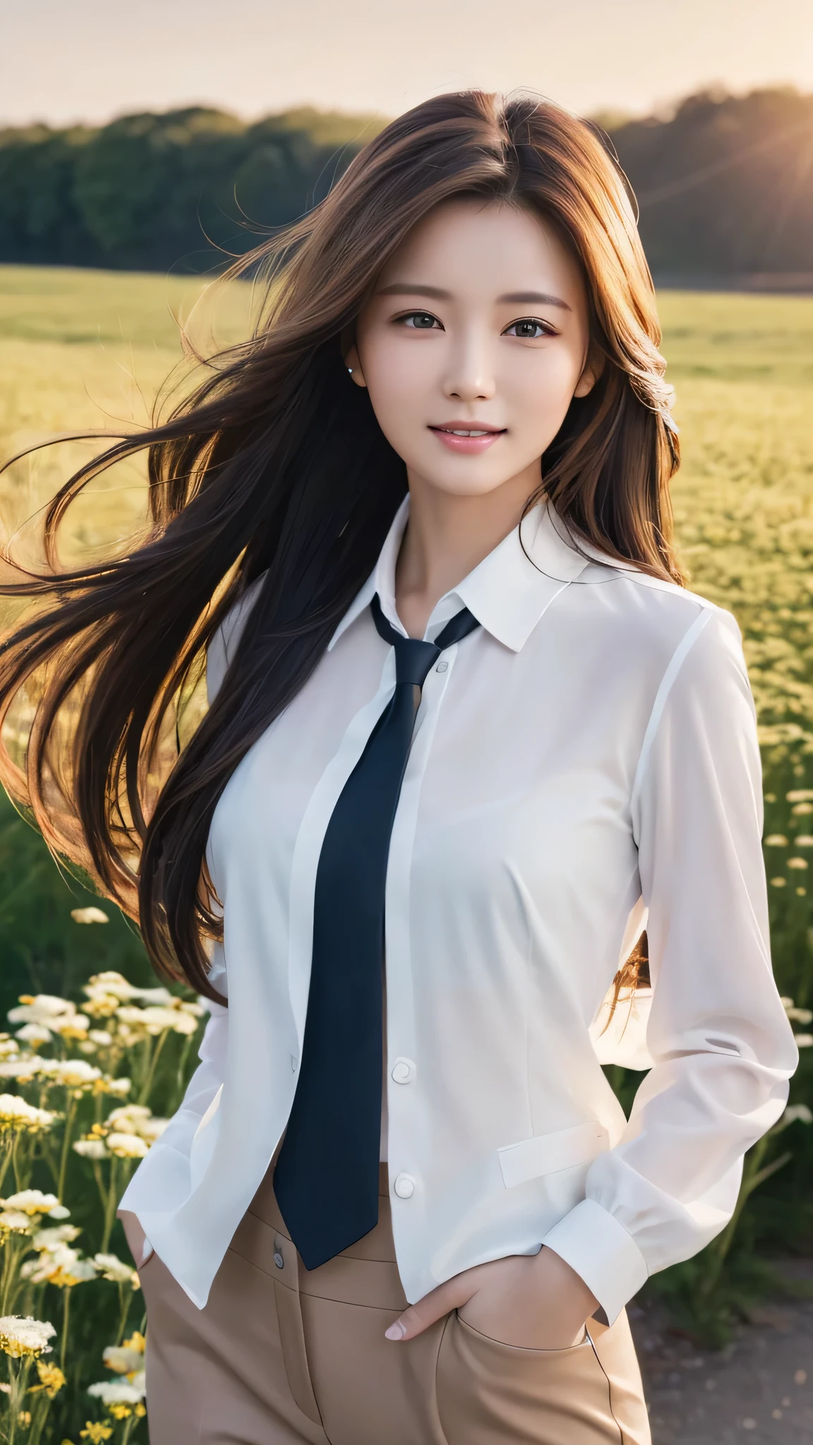 highest quality、genuine、Super detailed、finely、High resolution、8k wallpaper、one beautiful woman、、、light brown disheveled hair、wearing a business suit、sharp focus、perfect dynamic composition、beautiful and detailed eyes、thin hair、Detailed genuine skin texture、smile、model body shape、In a windswept meadow