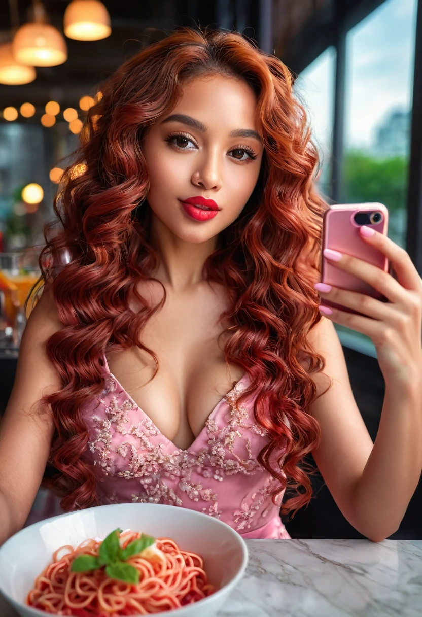 a beautiful mixed girl, beautiful detailed face, perfect hands and feet, long red wavy hair, hair clip, backlighting, delicate nose, lush detailed lips, pink sexy cocktail dress, taking a selfie, eating red delicious noodles, (best quality,8k,highres,masterpiece:1.2),ultra-detailed,(realistic,photorealistic:1.37),portrait,vivid colors,bokeh