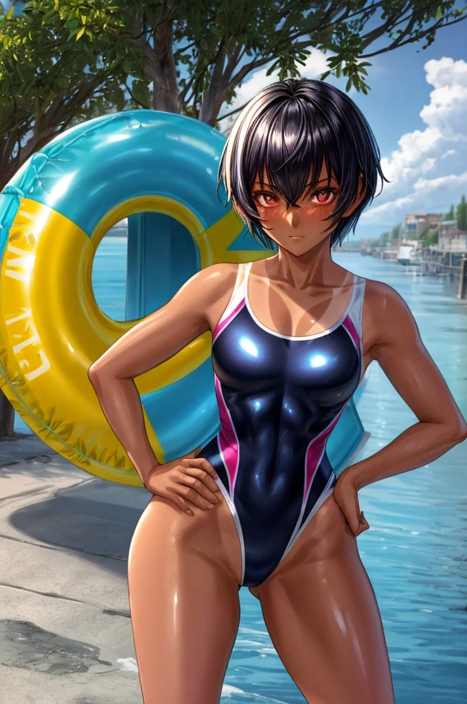 best quality, high quality, ultra quality, Absurd:1.5, BREAK 1人の女の子, 18_ years_ old, tomboy, BREAK (muscle:0.5), (Black Hair, Pixie Cut Tan, Sunburn lines, Dark skinned women, Dark Skin:1.3), (gigantic 胸:1.5, beautiful detailed eyes), shiny hair, shiny skin, oily skin, super detailed skin, perfect hands, BREAK ((competition swimsuit)), (pleased:1.2), (1girl standing, cowboy shot:1.3), (contrasted, One hand on hip:1.5), outside, beach, evening, (ass pov), (from above, high angle, looking ahead:1.5),