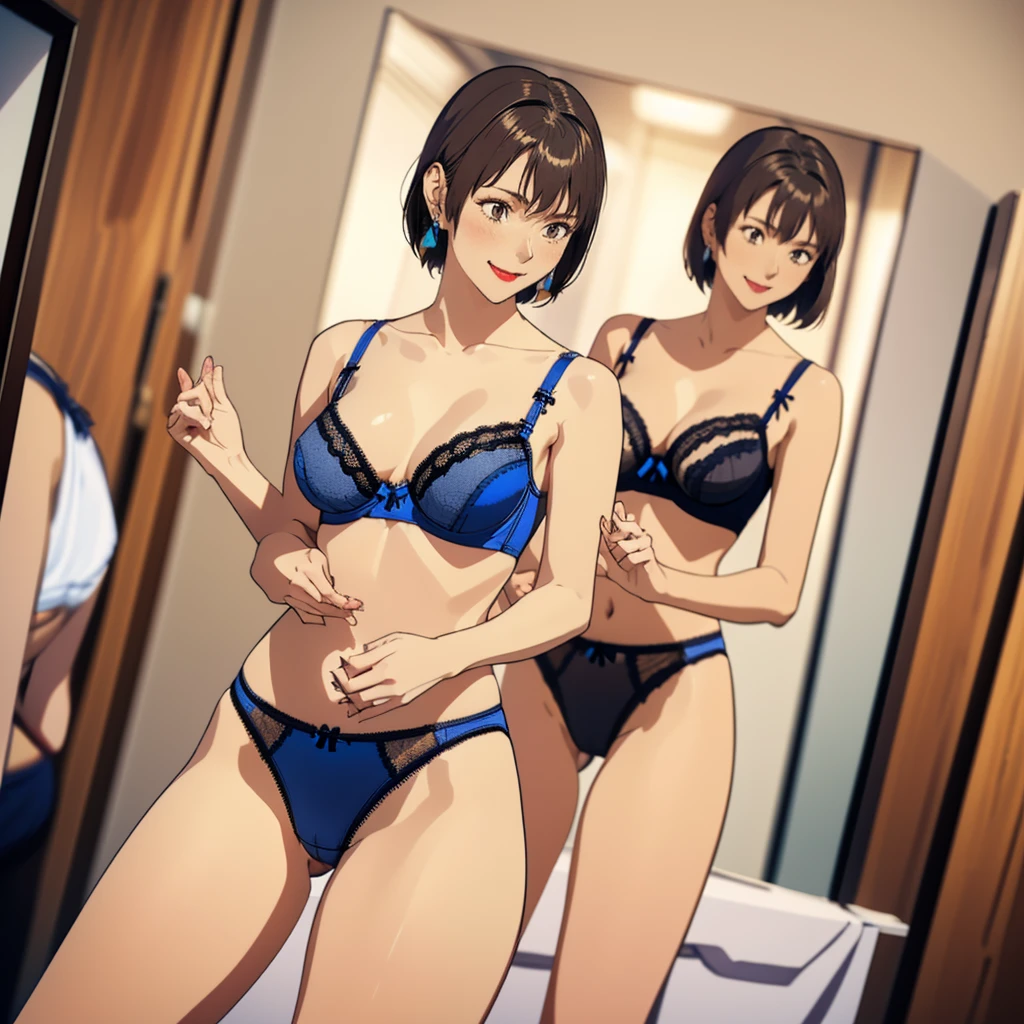 masterpiece, top quality, ultra detailed, (((((NOGAMI_SAEKO),bob cut, (SUMERAGI_AIKA), best anatomy, in underwear, (panties, elaborately designed luxury panties for adults, panties high definition images, draw panties with super precision), lace trimmed bra, extremely detailed texture, earrings, red lip, embarrassed, blush, smile)))), cowboy shot, (((underwear in dressing room))), white skin, (presenting panties), (display panties:1.5),holding panties with both hands