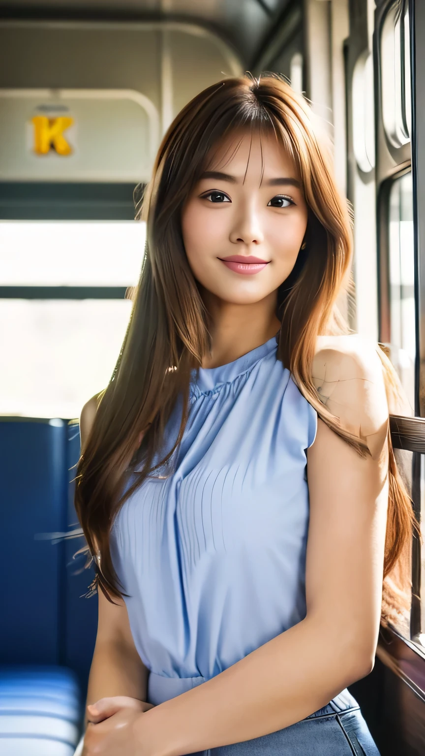 sky blue blouse,upper body,long hair