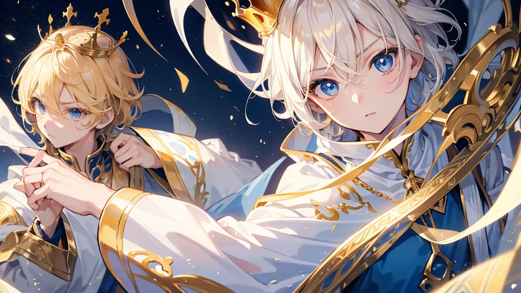 (Highest quality)　(4K)　(8k)　(High resolution)　(masterpiece:1.2)　(Super detailed)　One boy　short hair　Wizard　Blue Eyes　Long sleeve　Golden decoration　Hair between the eyes　White Dress　Wavy golden hair　Upper Body　crown　(White Background)　cute　Young　Serious