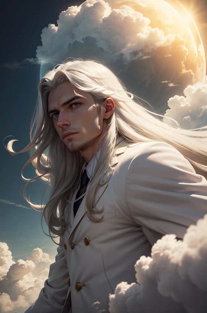 man, twenty four years old, white long hair, wearing white suit, strong body, calm face, golden eyes, long distance view, wide angle image, no beard, flying above the clouds, cloudy day, dark clouds, giant sun at the horizon, epic and emotional scene