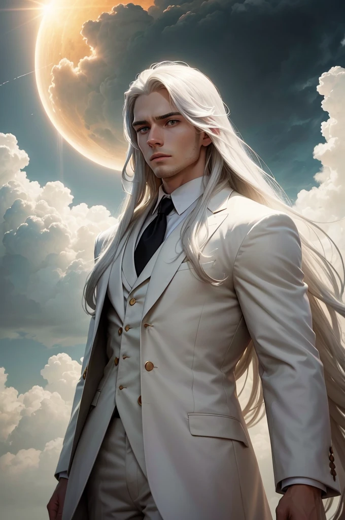 man, twenty four years old, white long hair, wearing white suit, strong body, calm face, golden eyes, long distance view, wide angle image, no beard, flying above the clouds, cloudy day, dark clouds, giant sun at the horizon, epic and emotional scene
