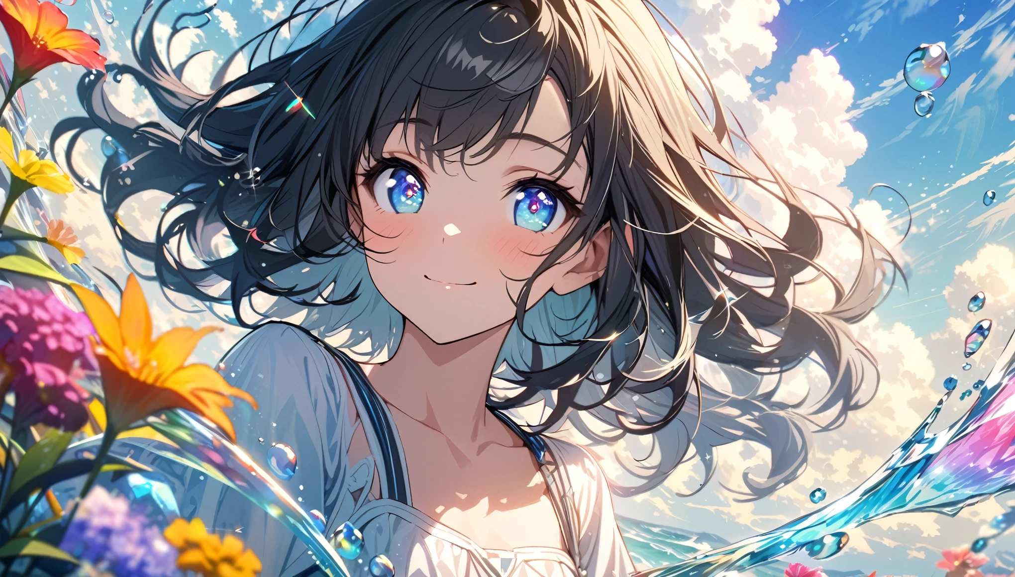 one Beautiful girl, solo, gentle smile on her face flat chest, short hair, black hair, blue eyes, (detailed eyes),, JK,Flowing hair,Beautiful sky, Beautiful clouds, Summer,Colorful flowers, (Crystal clear bubbles sparkle in the sky), masterpiece,high resolutio