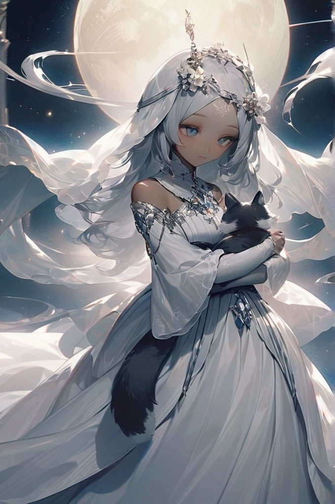 ((Лучшее качество)), ((шедевр)), (подробный), The girl is an alien. the eyes are gray-black and very very large. the skin color is gray-blue. the long white dress glitters. The girl is a princess. There is a crown and a veil on his head. The moon planet is behind us. The girl has a striped gray cat in her arms .the hair is white and long.