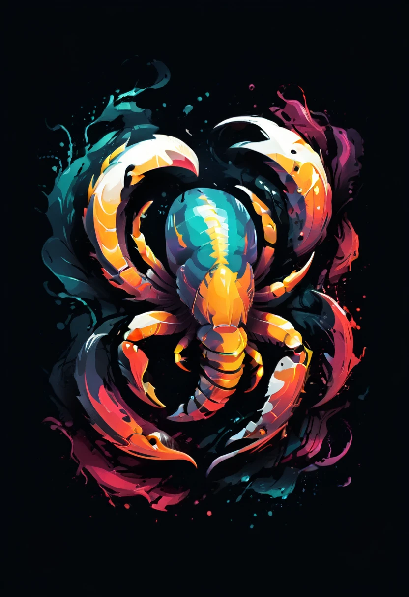 T-shirt Design with abstract scorpion, Fashion Print Illustration, vector graphic, isolated on black background, t shirt design,robust style,just design,White background,no model,proffesional,hight contrast,high resolution,ultra detali,bright coloured,metallic details,sharp focus,Jumpy,dynamic composition,gritty texture,rough brushstrokes,Mechanical elements,Chrome Effect,classic typography,retro style, aggressive style,aggressive lines and curves,3D rendering,impressive visual impact,dark shadows,strong brand presence,monochrome palette,Industrial aesthetics