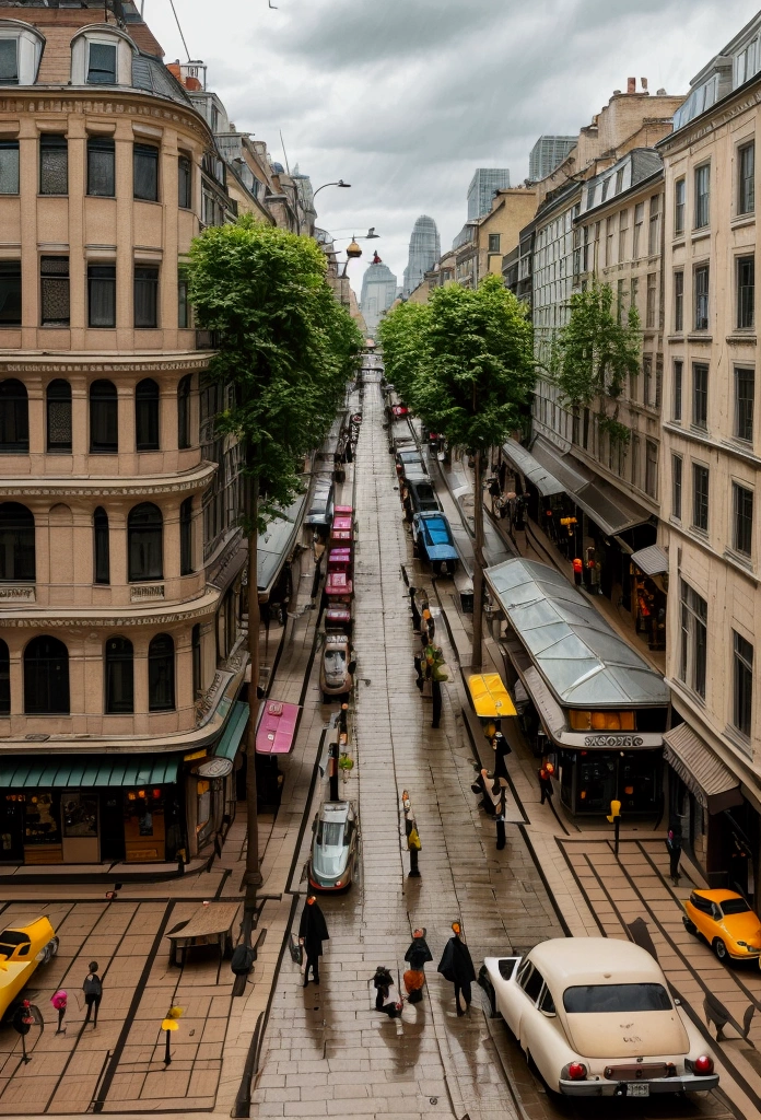 (best quality,4k,highres,masterpiece:1.2),ultra-detailed,realistic,photorealistic:1.37,colorful, vibrant, lively, urban landscape, bustling streets, (rainy weather), (city lights), (reflection of lights on wet ground), tall buildings, architecture, (skyscrapers), (modern, futuristic buildings), (tree-lined streets), (people walking, bustling crowds), (street vendors), (cafes and bistros), (traffic), (public transportation), (bicycles), (pedestrian bridges), (fountains), (parks and squares), (street art), (city skyline), (pigeons flying), (pedestrian crossings), (billboards and advertisements), (shops and boutiques), (historical landmarks), (cobblestone streets), (street musicians), (city landmarks), (colorful graffiti), (food trucks), (street performers), (street signs and traffic lights), (busy intersections), (nostalgic atmosphere), (flower stands), (cultural diversity), (various architectural styles), (vibrant nightlife), (cityscape), (coffee shops and bakeries), (vintage cars), (busy cafes), (aromatic food smells), (narrow alleys), (hidden gems), (city outskirts), (stunning views), (playful street art).