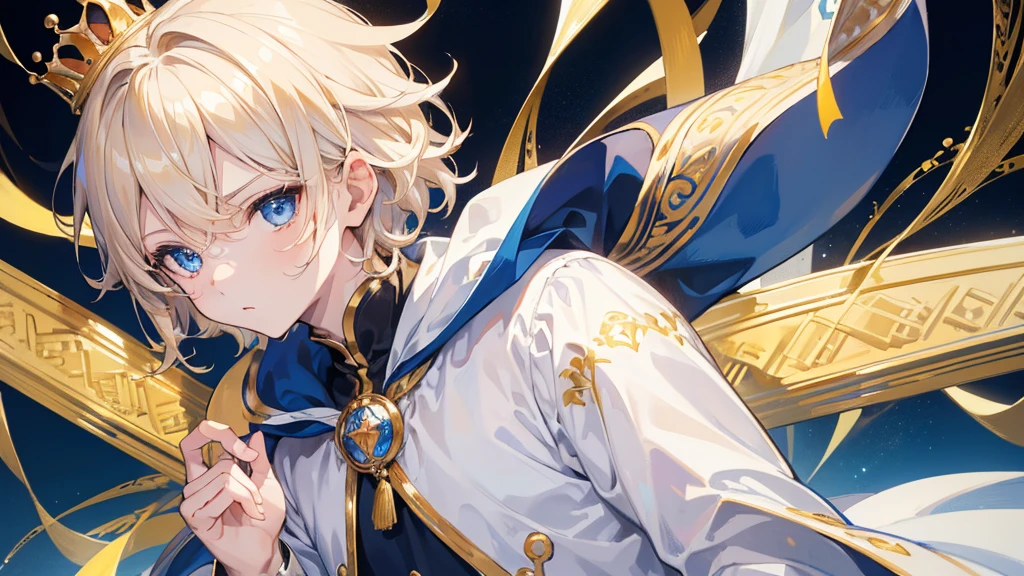 (Highest quality)　(4K)　(8k)　(High resolution)　(masterpiece:1.2)　(Super detailed)　One boy　short hair　Wizard　Blue Eyes　Long sleeve　Golden decoration　Hair between the eyes　White Dress　Wavy golden hair　Upper Body　crown　(White Background)　cute　Young　Serious