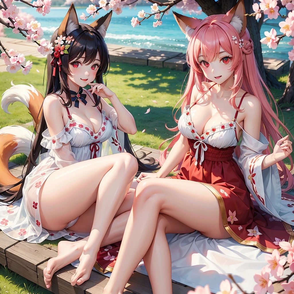 (masterpiece), best quality, expressive eyes, perfect face, fox girl, ((fluffy tail)), (under cherryblossom tree), coloful summer dress, embroided summer dress, red eyes, detailed eyes, perfect face, cleavage