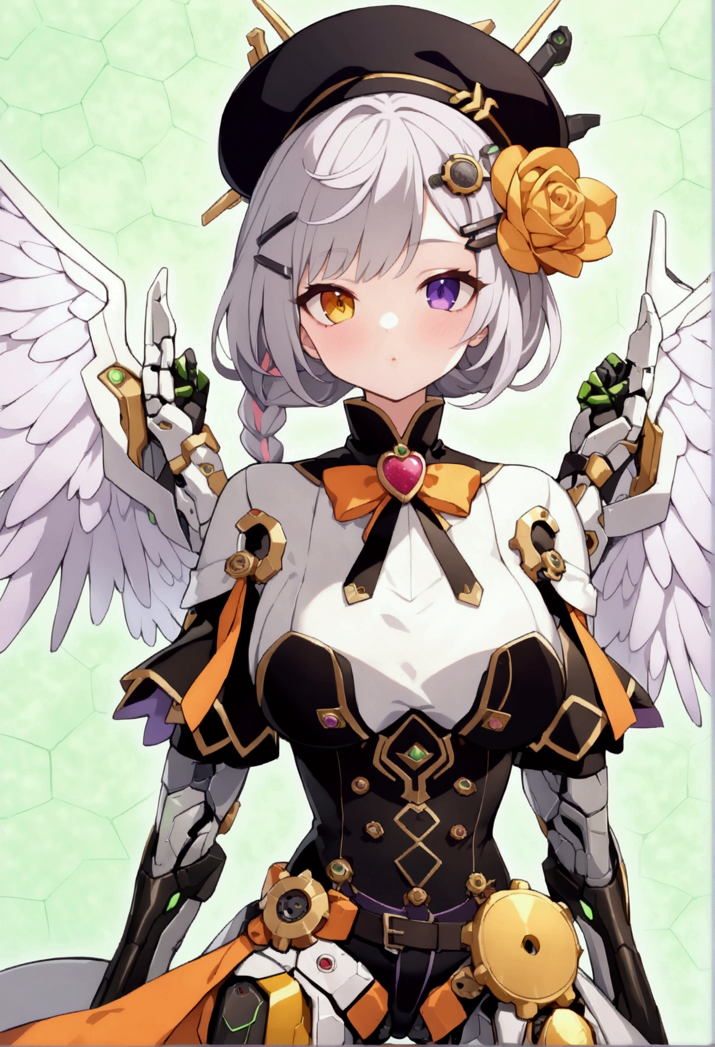 woman 160cm tall, slim build, , charming look, ((heterocromia: look like, derecho naranja y look like izquierdo violeta)), (Shoulder Length Wavy Gray Hair, a short braid on the left side of the hair, big open bangs, golden gear hairpin in hair), (((complex mechanical legs up to the hip, The legs are black with gray parts with small pink details))), (((complex mechanical arms up to the elbows, The arms are black with gray parts with small pink details))), (complex white mechanical angel wings with pastel green parts), (elegant black French beret with an orange rose ribbon), (elegant thigh-length one-piece dress, short bell skirt with small gear ribbons, short sleeves, elegant black hip belt with orange parts, small rose brooch in the middle of the bust, beautiful mechanical stiletto heels), (((character design sheet: Full body front view))), extremely detailed beautiful hair, beautiful detailed dress, extremely detailed arms, extremely detailed face, (Extremely detailed hands), perfect hands, small face, hermosos look likes detallados, beautiful detailed lips, adorable, extremely detailed legs, (Best Quality, 8k, Ultra resolution), ultra detailed, Exquisite and epic character art, ((Pastel yellow background)), (Focus on symmetry), (extremely detailed wings).
