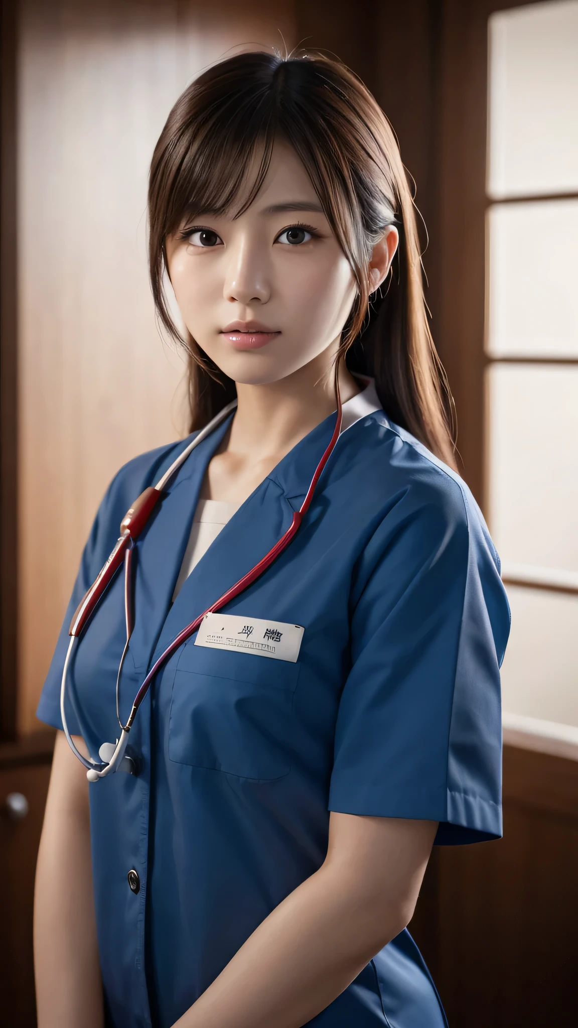 A beautiful young Japanese woman, around 20 years old, wearing a Nurses' Uniforms, ultra-detailed, 8K resolution, highly realistic, cinematic lighting, best quality, masterpiece, photorealistic, physically-based rendering, extremely detailed, vivid colors, professional, sharp focus, studio lighting