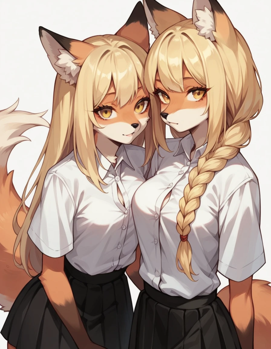 score_9,score_8_up,score_7_up, niji style, Anthro, light yellow anthro furry fox girl, fox girl, long blonde hair, single braided hair, yellow eyes, snout, black nose, blonde furry body, fox ears and tail, small breasts,  wearing white button up shirt, black skirt