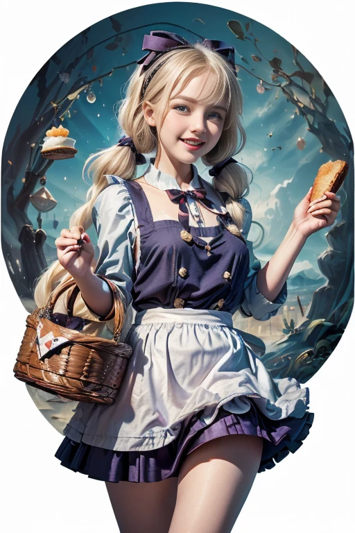 (perky chest:1.2), (pointed chest:1.2),(((Black Tunic:1.3))),(((cakes and bread in the basket),Cute and beautiful girl,Cute round face,Cute smile,with blush cheeks,Red Lip,a girl 22 years old, nsfw:1.2, beautiful body:1.3), shinny skin, BREAK, ((alice in the wonderland:1.3, cute, kawaii, lovely, funny, a girl falling down from sky:1.3, girl flying in sky:1.2, girl floating in air:1.3, rolling upskirt by wind:1.5, (with sparkling eyes and a contagious smile),open mouth, Looking at Viewer, surprised, putting hands on crotch over the skirts:1.35)), BREAK, ((floating things as follows:1.3, PlayingCards, Trump, tea cup, tea pot, tea spoons, pocket watch:1.3, lip sticks, candies:1.2, cookies, jam bottles, classical door_keys)), ((long purply_Blue dress :1.5, wearing long flaired skirt:1.3, the skirt is blowing:1.3, cute White Apron, black stockingedium long platinum-blonde hair:1.2, twin tail hair:1.6, tied hair with a large ribbon), (Blue eyes, bright pupils with highlights, detailed eyes), (lying down on your back:0.7, spreading legs with rising up straight:0.7), sexy posture, fantastic colorful art, (fantasy art:1.2, wondered images), ((correct anatomy:1.5, perfect anatomy:1.3, correct hand, small foot:1.2)),
