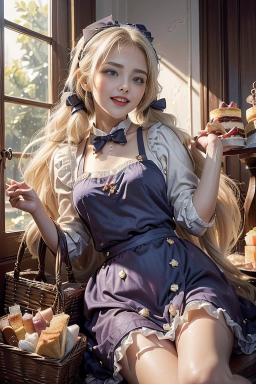 (perky chest:1.2), (pointed chest:1.2),(((Black Tunic:1.3))),(((cakes and bread in the basket),Cute and beautiful girl,Cute round face,Cute smile,with blush cheeks,Red Lip,a girl 22 years old, nsfw:1.2, beautiful body:1.3), shinny skin, BREAK, ((alice in the wonderland:1.3, cute, kawaii, lovely, funny, a girl falling down from sky:1.3, girl flying in sky:1.2, girl floating in air:1.3, rolling upskirt by wind:1.5, (with sparkling eyes and a contagious smile),open mouth, Looking at Viewer, surprised, putting hands on crotch over the skirts:1.35)), BREAK, ((floating things as follows:1.3, PlayingCards, Trump, tea cup, tea pot, tea spoons, pocket watch:1.3, lip sticks, candies:1.2, cookies, jam bottles, classical door_keys)), ((long purply_Blue dress :1.5, wearing long flaired skirt:1.3, the skirt is blowing:1.3, cute White Apron, black stockingedium long platinum-blonde hair:1.2, twin tail hair:1.6, tied hair with a large ribbon), (Blue eyes, bright pupils with highlights, detailed eyes), (lying down on your back:0.7, spreading legs with rising up straight:0.7), sexy posture, fantastic colorful art, (fantasy art:1.2, wondered images), ((correct anatomy:1.5, perfect anatomy:1.3, correct hand, small foot:1.2)),
