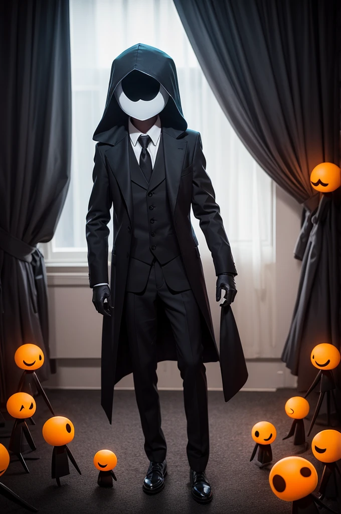 Create a character for the paranormal order RPG He is average size Wears a suit, a cane with a pumpkin face and a smile mask covering his face He has somewhat long and tangled hair And white gloves