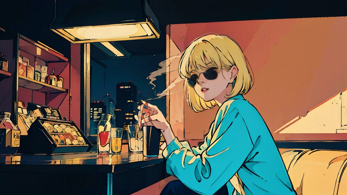 Ghibli-style anime,Beautiful blonde Asian girl sitting in a restaurant at night, Visible from the window, Perfect Face, sunglasses, Smoking white Taylormade cigarettes, Neon Black, (Backlit: 1.1), Hard Shadows, masterpiece, Highest quality, Complex, Model shooting style, Vintage, Film Grain, Incomplete details,