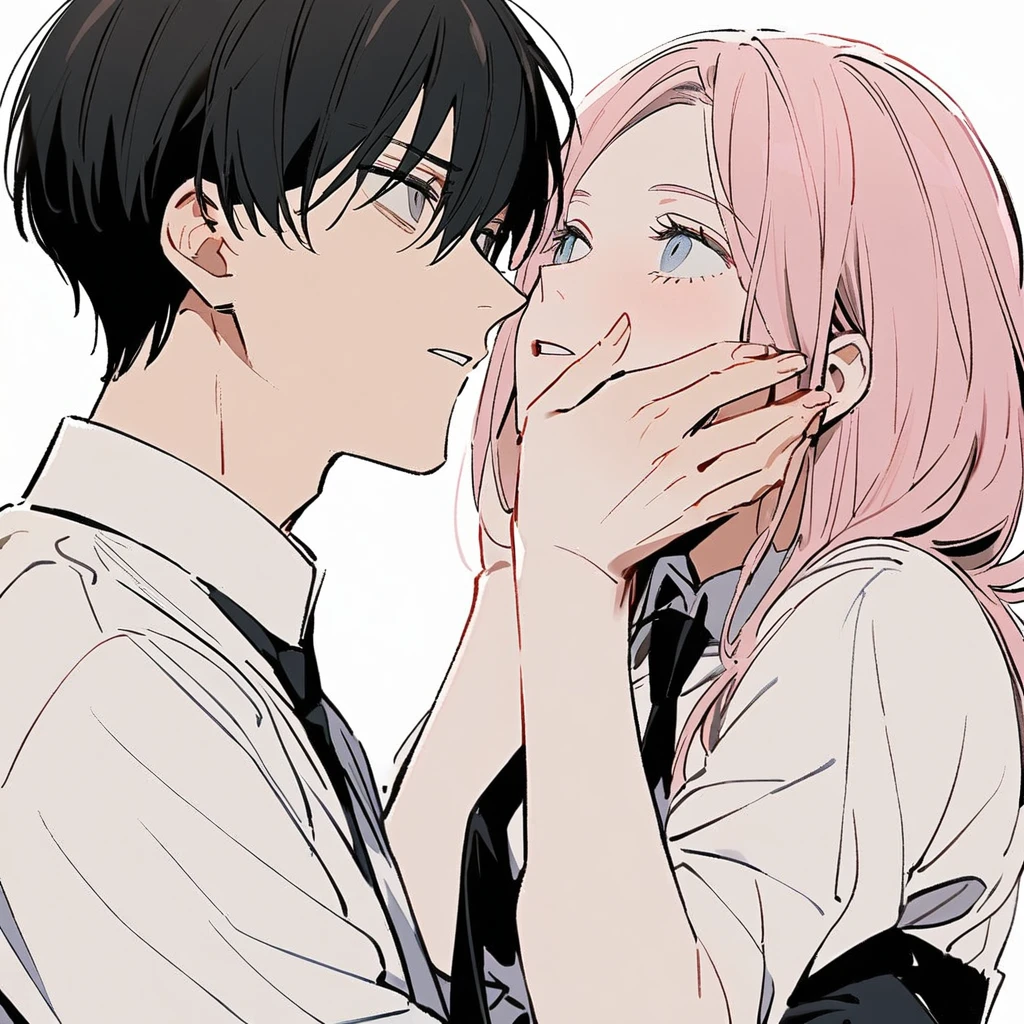1 older woman with long, light pink hair and blue eyes,hugging 1 younger boy with short black hair and gray eyes,(she holding his face, they looking at each other), ((Couple)),both with a white blouse and a black tie,White background, chainsaw man style