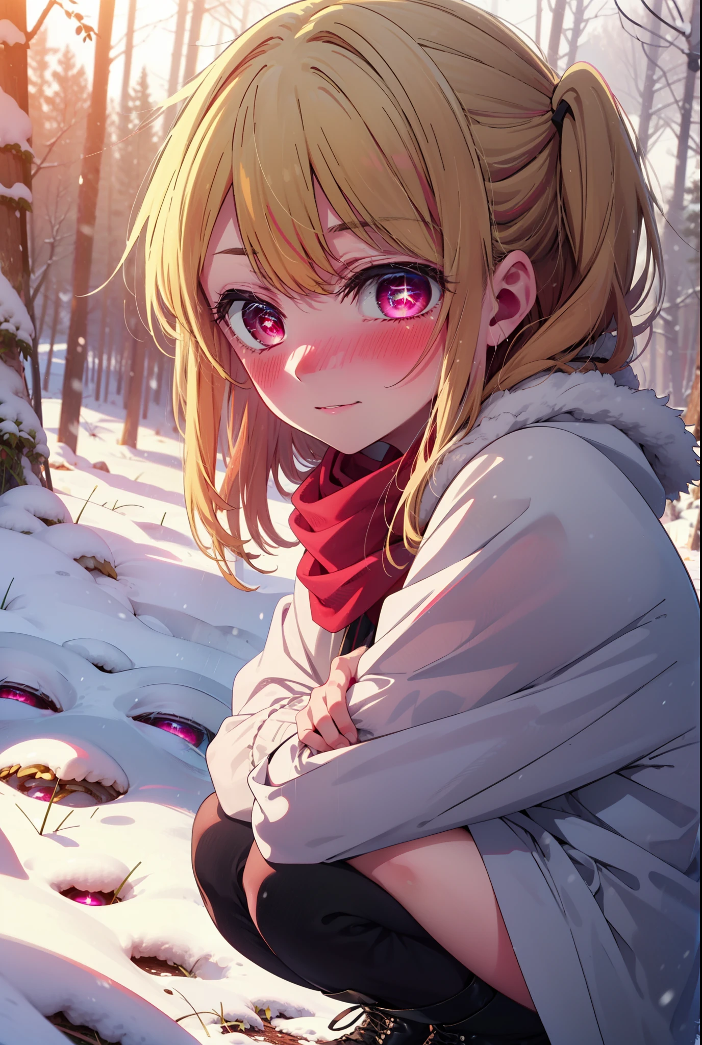 rubyhoshino, Hoshino Ruby, Long Hair, bangs, blonde, (Pink Eyes:1.3), Side Lock, (Symbol-shaped pupil:1.5), Multicolored Hair, Two-tone hair, smile,,smile,blush,white breath,
Open your mouth,snow,Ground bonfire, Outdoor, boots, snowing, From the side, wood, suitcase, Cape, Blurred, , forest, White handbag, nature, Squat, Mouth closed, Cape, winter, Written boundary depth, Black shoes, red Cape break looking at viewer, Upper Body, whole body, break Outdoor, forest, nature, break (masterpiece:1.2), Highest quality, High resolution, unity 8k wallpaper, (shape:0.8), (Beautiful and beautiful eyes:1.6), Highly detailed face, Perfect lighting, Extremely detailed CG, (Perfect hands, Perfect Anatomy),