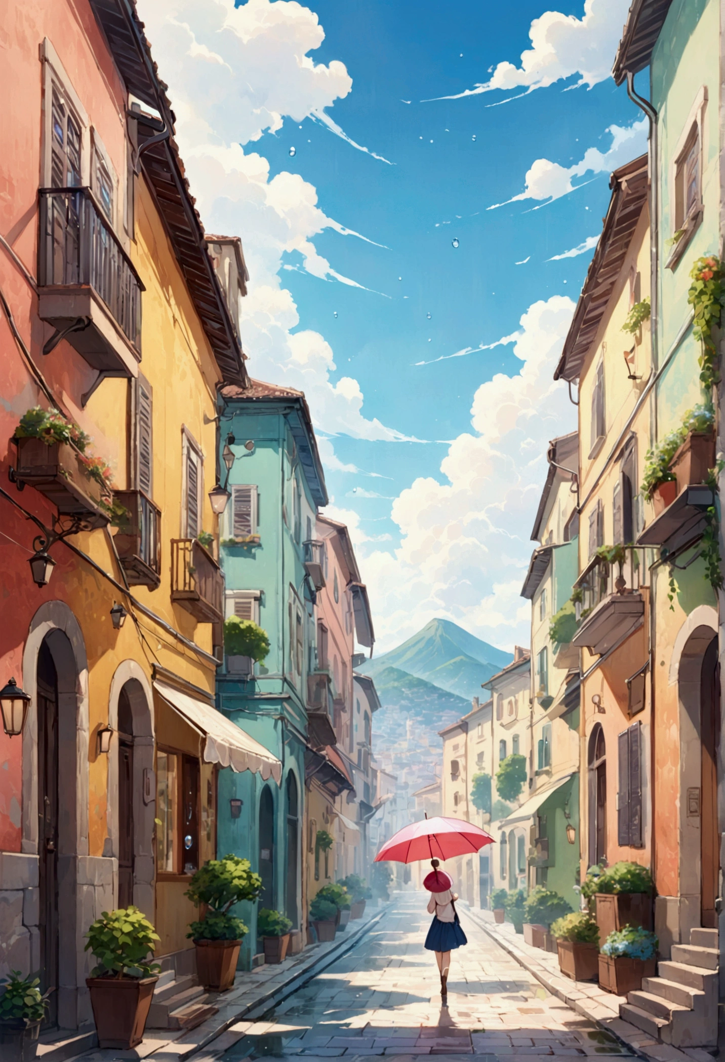 cuteイラスト: landscape,Street corner on a rainy day,絵本に出てくるようなlandscape,Emotional,Girl is walking,break,(Girl with an umbrella),umbrella,Anatomically correct,break,Create an artistic background,Add a drop pattern to the background,The streets are colorful, Fairytale-like,This is a cute illustration like a dream.,Blur the lines of the water droplets to create an artistic look.,Intricate details,Wide range of colors,artwork,rendering,(masterpiece:1.3),(Highest quality:1.4),(Very detailedな:1.5),High resolution,Very detailed,unity 8k wallpaper,Structurally correct,cute,Naples