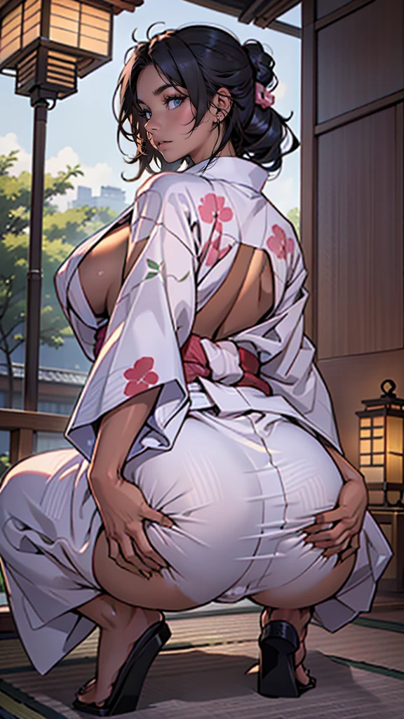 there is 1woman that lying on bed,solo,((back is down)),(((A MILF: 1.4))), (Curvy:1.35),(((Dark skin))),Curvy physique,, Thick body，((Completely naked)), ((pinching ass in yukata)),((naked yukata)),bare back,model in Japan，((Sexual suggestiveness)),from above