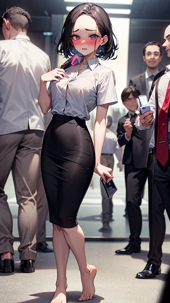 Crowd in the background,masterpiece,Highest quality,High resolution,Anatomically correct,business suit,Short Sleeve Button Down Shirt,Pencil Skirt,Sweat,barefoot,Glowing Skin,Ahegao,Forehead,Bob,ID card,vibrator,5 men:2.0,,Surrounded by men:2.0,smartphone