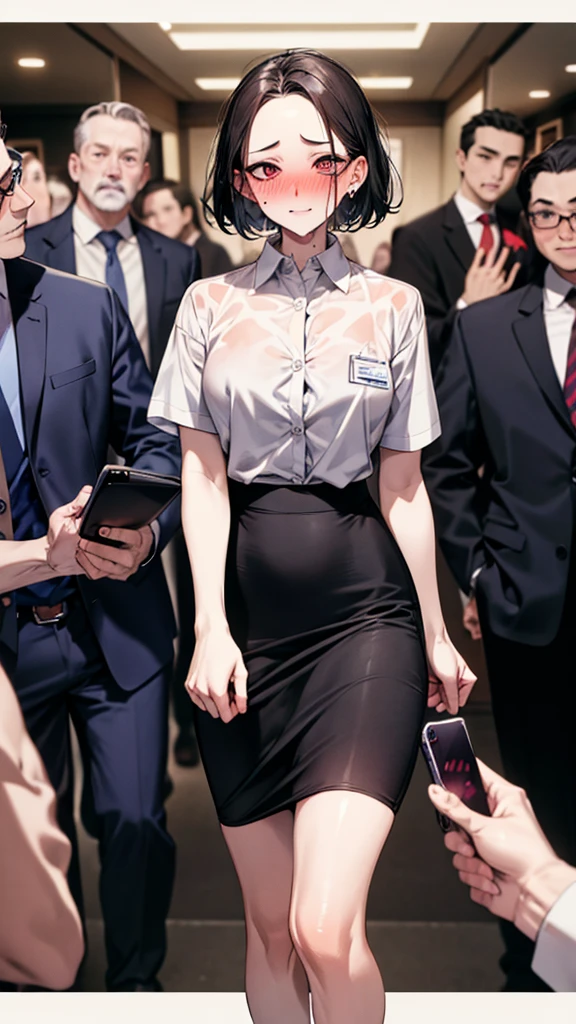 Crowd in the background,masterpiece,Highest quality,High resolution,Anatomically correct,business suit,Short Sleeve Button Down Shirt,Pencil Skirt,Sweat,barefoot,Glowing Skin,Ahegao,Forehead,Bob,ID card,vibrator,5 men:2.0,,Surrounded by men:2.0,smartphone