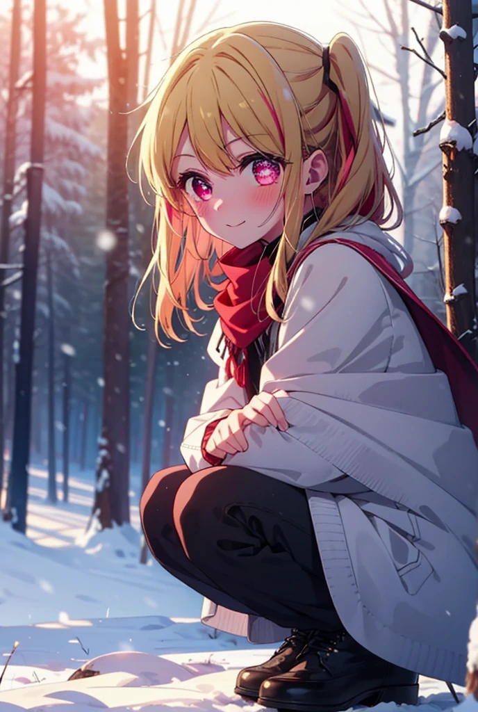 rubyhoshino, Hoshino Ruby, Long Hair, bangs, blonde, (Pink Eyes:1.3), Side Lock, (Symbol-shaped pupil:1.5), Multicolored Hair, Two-tone hair, smile,,smile,blush,white breath,
Open your mouth,snow,Ground bonfire, Outdoor, boots, snowing, From the side, wood, suitcase, Cape, Blurred, , forest, White handbag, nature, Squat, Mouth closed, Cape, winter, Written boundary depth, Black shoes, red Cape break looking at viewer, Upper Body, whole body, break Outdoor, forest, nature, break (masterpiece:1.2), Highest quality, High resolution, unity 8k wallpaper, (shape:0.8), (Beautiful and beautiful eyes:1.6), Highly detailed face, Perfect lighting, Extremely detailed CG, (Perfect hands, Perfect Anatomy),