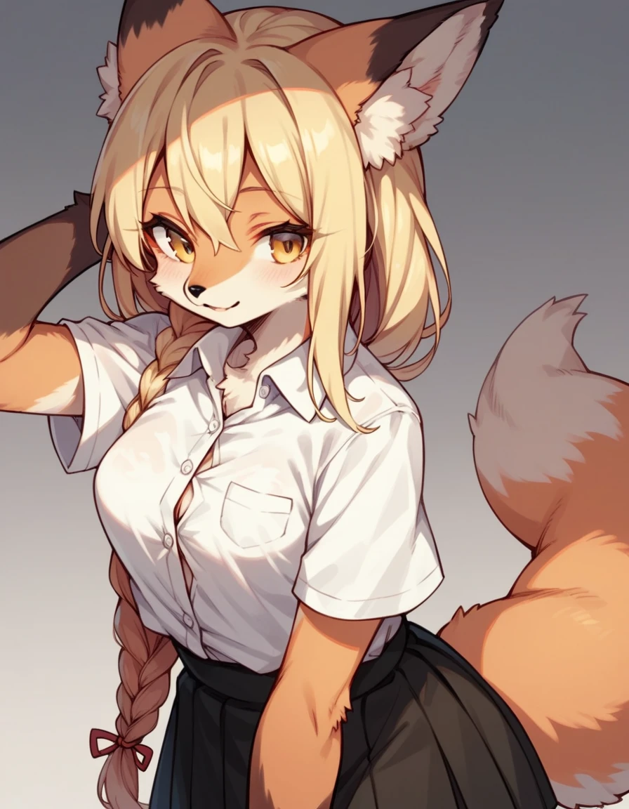 score_9,score_8_up,score_7_up, kemono style, Anthro, light yellow anthro furry fox girl, fox girl, long blonde hair, single braided hair, yellow eyes, snout, black nose, blonde furry body, fox ears and tail, small breasts, wearing white button up shirt, black skirt