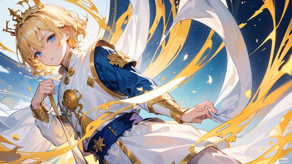 (Highest quality) (4K) (8k) (High resolution) (masterpiece:1.2) (Super detailed) One boy short hair Wizard Blue Eyes Long sleeve Golden decoration Hair between the eyes White Dress Wavy golden hair Upper Body crown (White Background) cute Young Serious