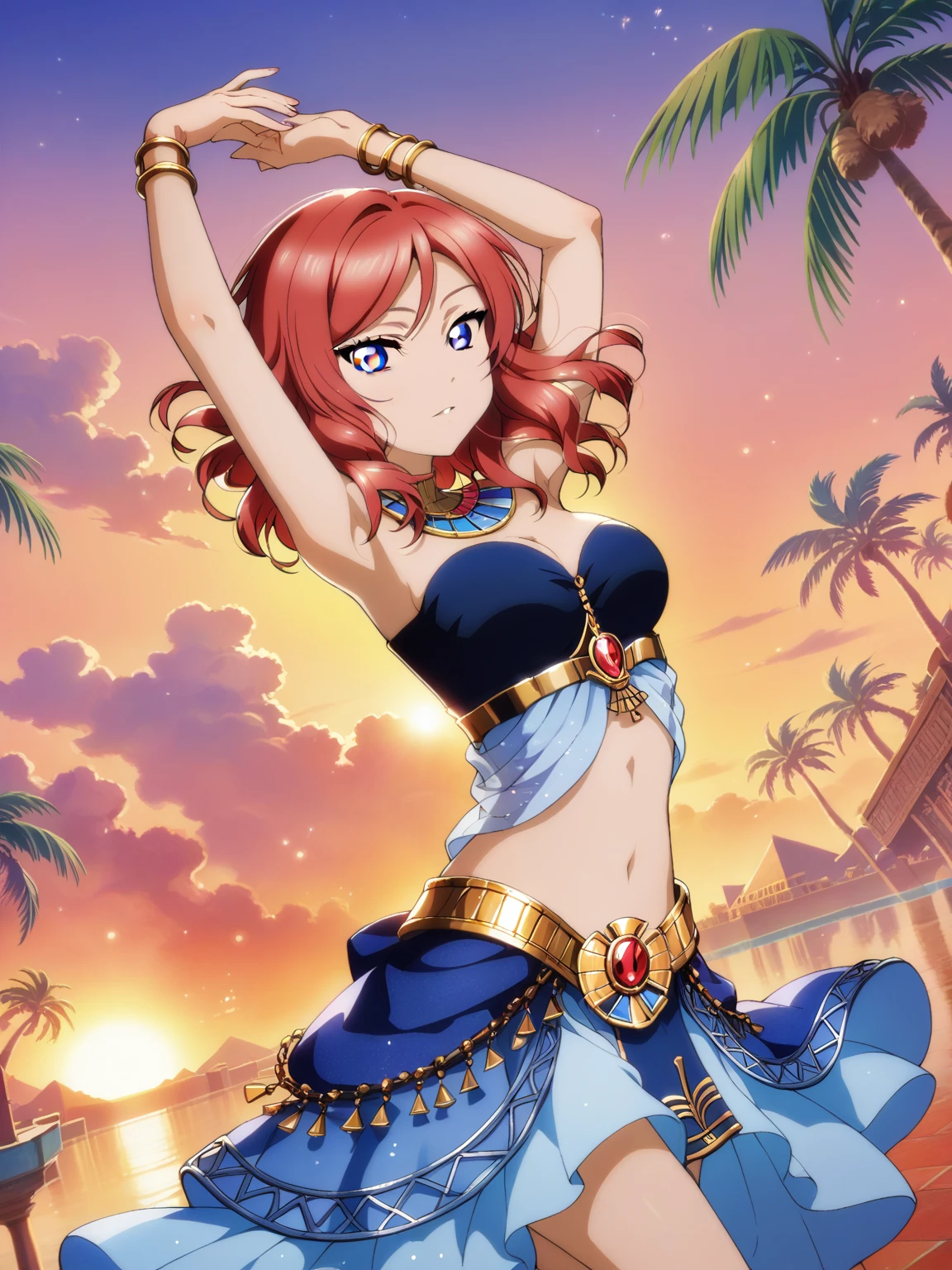 masterpiece, best quality,solo, floating hair,nishikino maki,red hair, purple eyes, light blue dress ,3pyramids, nile river, sunset,palm tree,medium breasts ,midriff peak, Egypt queen , arms up, medium hair 