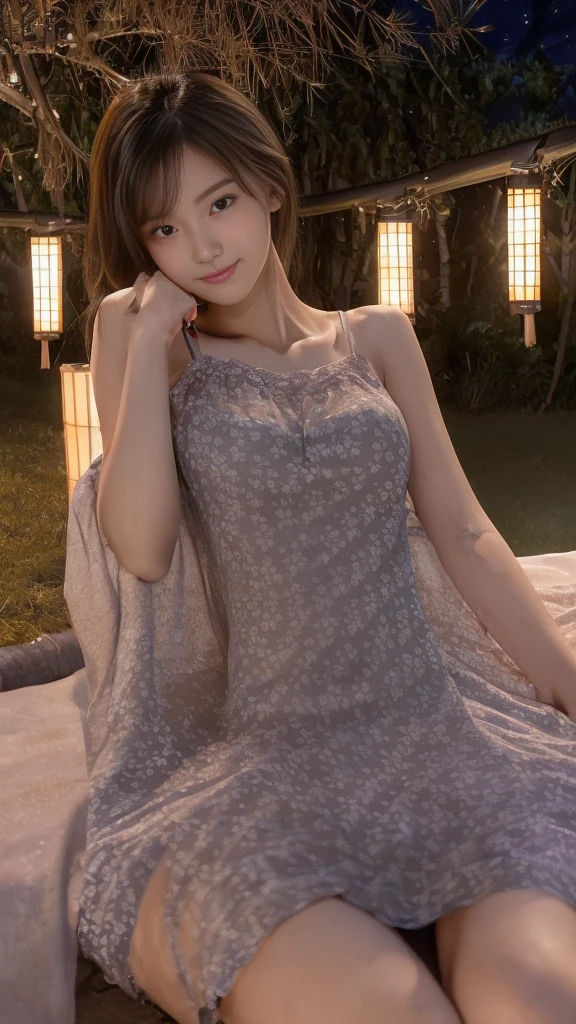 ((((masterpiece、Highest quality、High resolution、Tabletop、wallpaper、Realistic、Bright lighting、Professional Lighting、Face Light、Smooth lighting、Japanese women、Beautiful woman、action、gravure、sexly、so beautiful、Beautiful Skin、Beautiful and exquisite、Detailed face、slim、Looking into the camera))))、((Big Breasts:1.4))、((((japanese,20-years-old,One woman,outdoors,Looking into the camera,night dress:1.5)))),smile,close mouth,Five perfect, beautiful fingers on each side、細い指