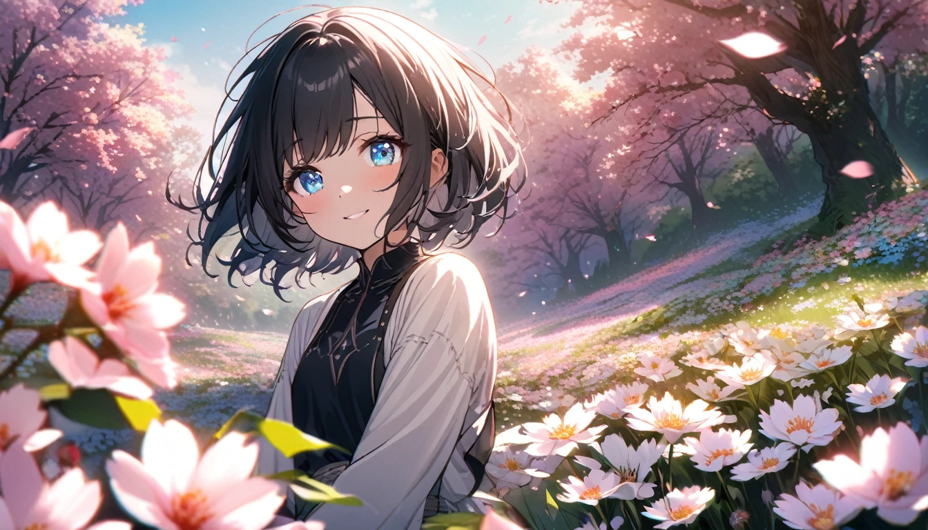 ne Beautiful girl, solo, gentle smile on her face flat chest, short hair, black hair, blue eyes, (detailed eyes),Sunny day landscape images, Only landscapes with flowers, Flower Field, unmanned, There are no animals, Lively, As if blown by the wind々Various kinds of flowers, , Soft lighting, Light background, ndividuality, Beautiful colors, cherry blossom trees