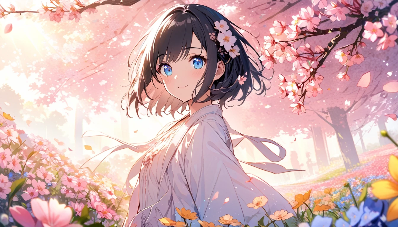 ne Beautiful girl, solo, gentle smile on her face flat chest, short hair, black hair, blue eyes, (detailed eyes),Sunny day landscape images, Only landscapes with flowers, Flower Field, unmanned, There are no animals, Lively, As if blown by the wind々Various kinds of flowers, , Soft lighting, Light background, ndividuality, Beautiful colors, cherry blossom trees