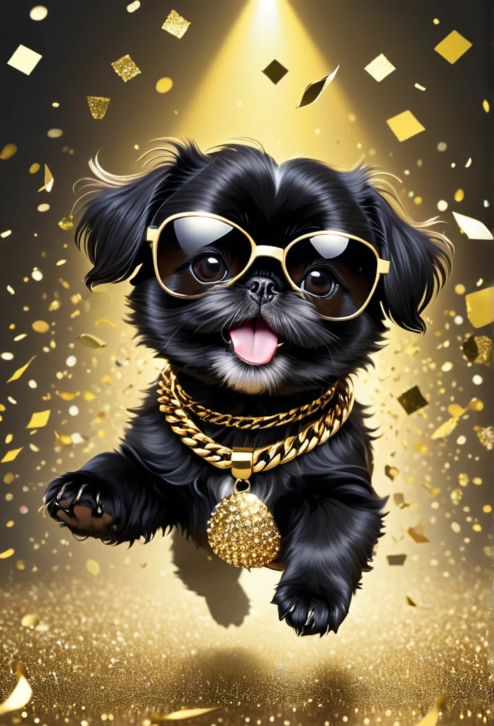 masterpiece:stage,(2 adorable small black Shih Tzu puppies This is a rock star),Bass,Wearing sunglasses,Wearing a big gold chain,Fashion Clothing。Human movement,motion capture。excited,Cheerful,Confetti