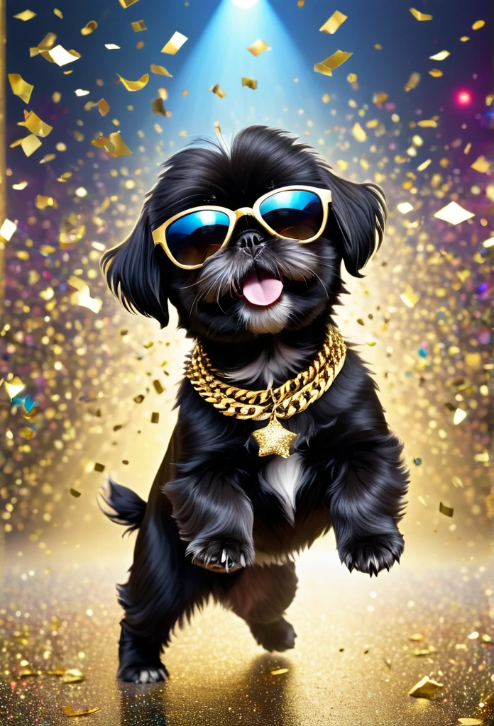 masterpiece：stage，（2 adorable small black Shih Tzu puppies This is a rock star），Bass，Wearing sunglasses，Wearing a big gold chain，Fashion Clothing。Human movement，motion capture。excited，Cheerful，Confetti