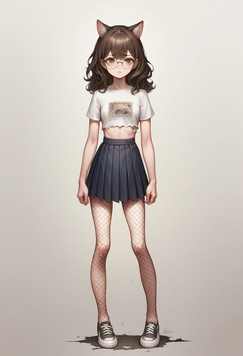 a beautiful young girl, perfect small breasts, long wavy brown hair, brown eye, eyeglasses, contemporary, Realistic Proportion, Intricate, intricate detials, sharp-focus, look at you, (slender girl), rounded face, bangs between the eyes, band on the head in the form of cat ears, torn fishnet panthyhose, pleated low waist microskirt, torn crop top, full height, s5sh5c5n3