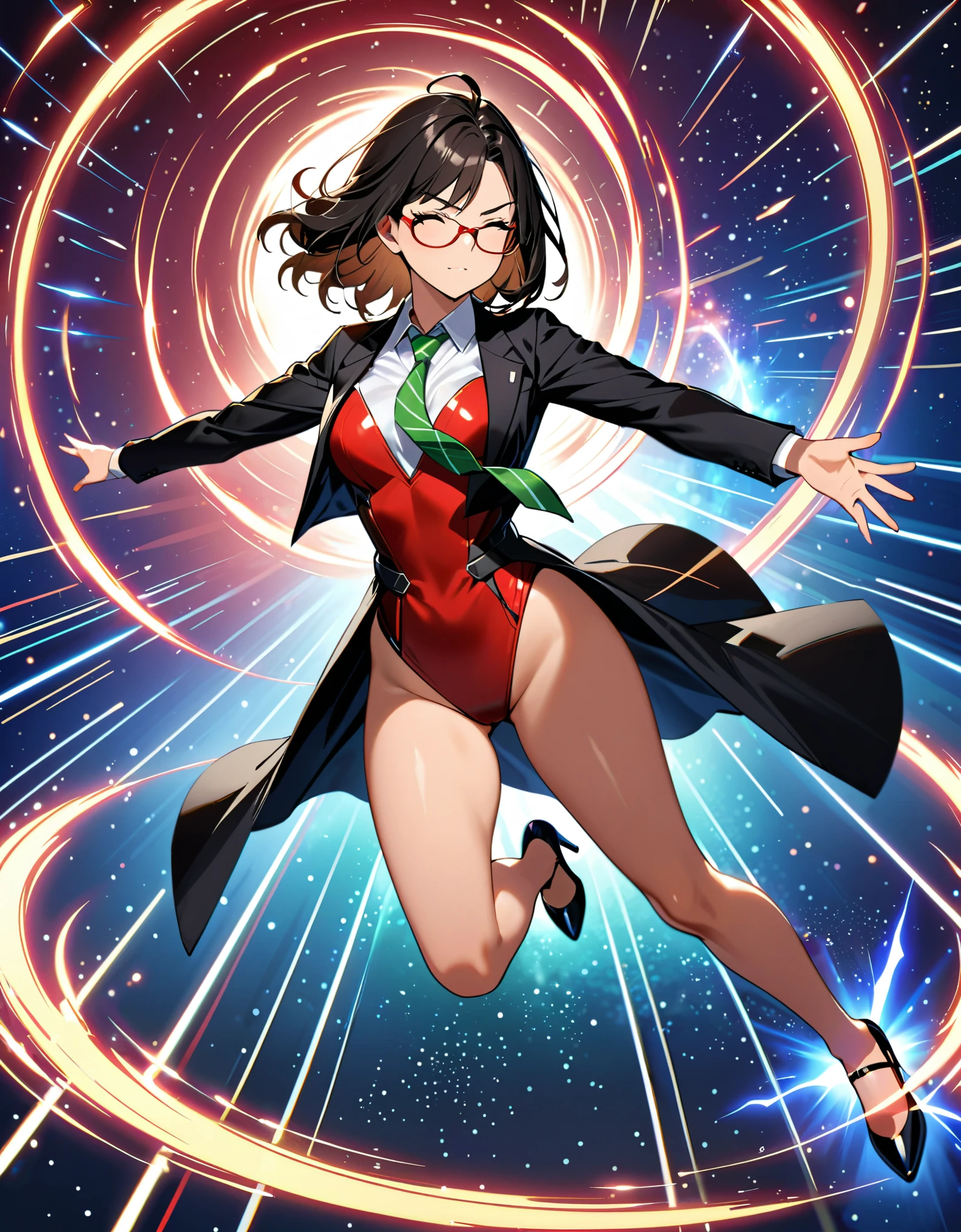 (masterpiece), (best quality), (high res), 1lady, tall body, beautiful detailed eyes, beautiful detailed face, (glasses, closed eyes), (perfect hands, complete fingers), perfect anatomy, perfect proportions, ((jet black hair with brown accents, medium hair)), ahoge, ((black suit and tie, green necktie, reporter's id card )), (white shirt), ((red leotard, bare legs)), ((shoes, matching shoes, high heels)), breasts, medium breasts, (full body portrait), solo, solo focus, cowboy shot, outer space backdrop, full body costume design. serious. ((raised arms, spins fast in place like a tornado, she spins at an incredible speed, creating a whirlwind of air around her, cyclone spinning)), (diffraction spikes, light particles), ((spiral lines, spinning red and blue energy pulse around her)). Curved Sword Slash.