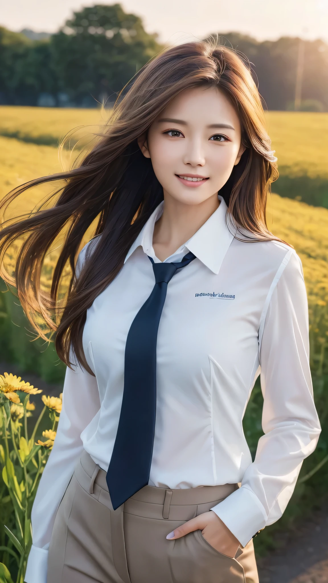 highest quality、genuine、Super detailed、finely、High resolution、8k wallpaper、one beautiful woman、、、light brown disheveled hair、wearing a business suit、sharp focus、perfect dynamic composition、beautiful and detailed eyes、thin hair、Detailed genuine skin texture、smile、model body shape、In a windswept meadow