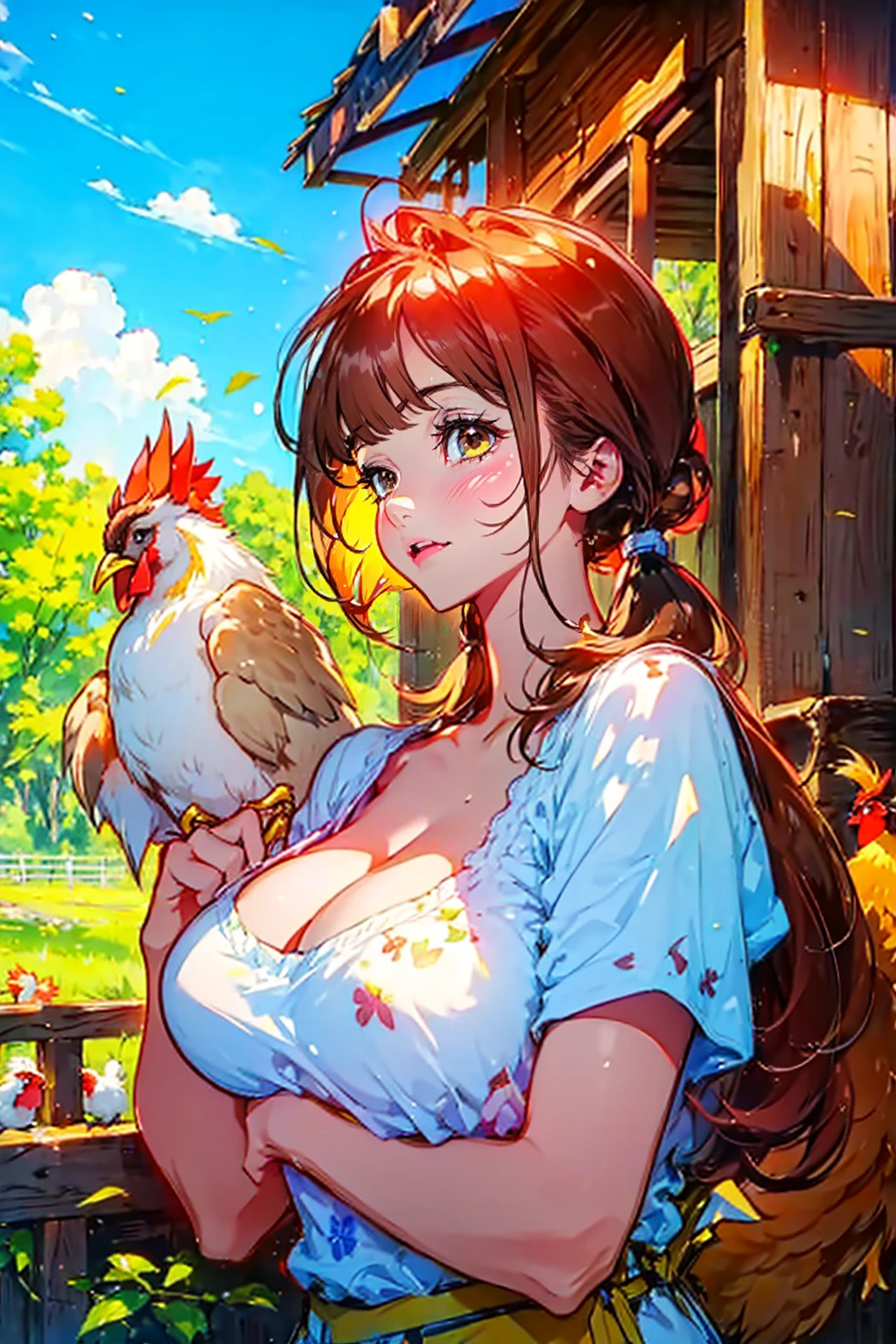 1girl and 1rooster,,cute,big breast,cleavage,in chicken coop,sunshine,in morning