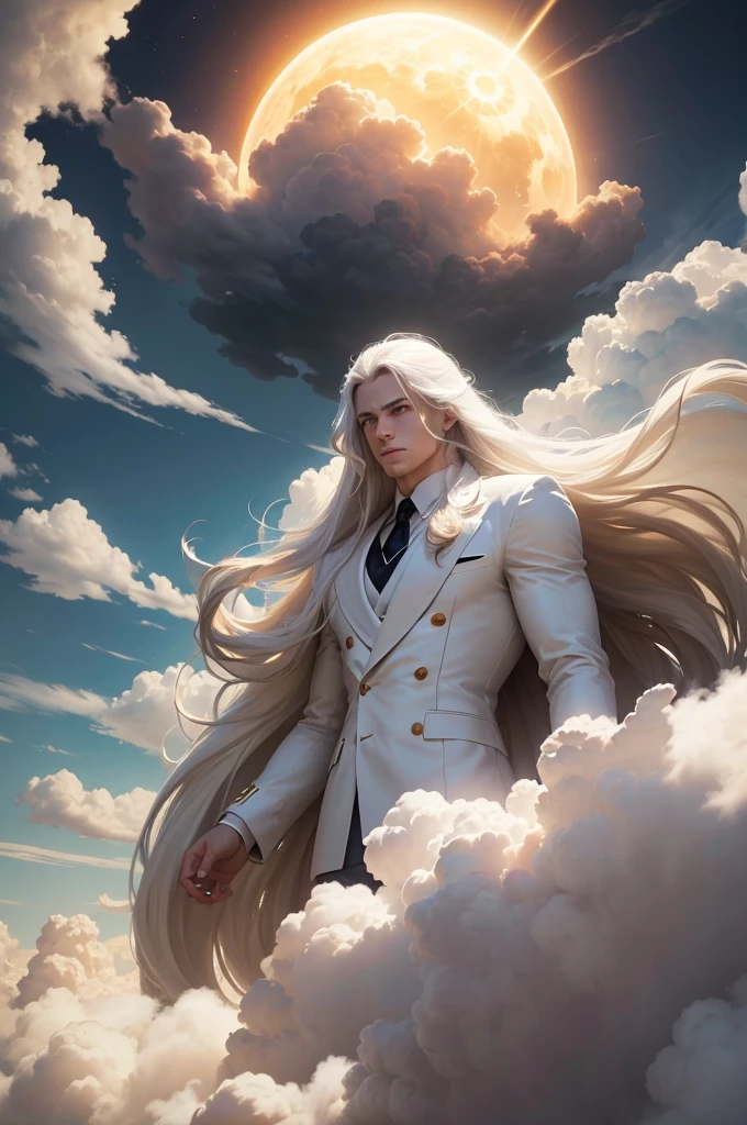 man, twenty four years old, white long hair, wearing white suit, strong body, calm face, golden eyes, long distance view, wide angle image, no beard, flying above the clouds, cloudy day, dark clouds, giant sun at the horizon, epic and emotional scene