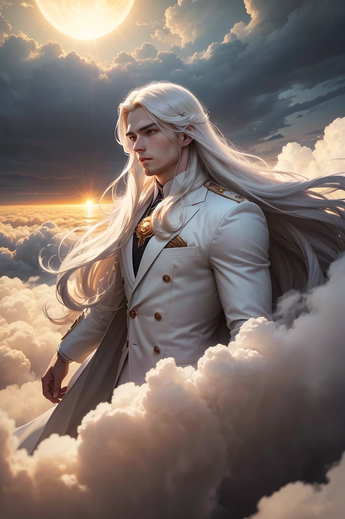 man, twenty four years old, white long hair, wearing white suit, strong body, calm face, golden eyes, long distance view, wide angle image, no beard, flying above the clouds, cloudy day, dark clouds, giant sun at the horizon, epic and emotional scene