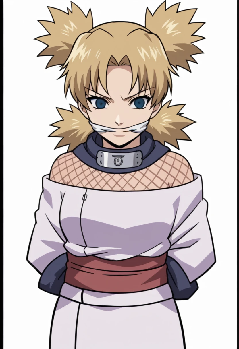 score_9, score_8_up, score_7_up, score_6_up, score_5_up, score_4_up, BREAK, source_anime, ytemari, 1girl, blonde hair, quad tails, blue eyes, fishnets, purple garment, sash, hands behind back, smile, upper body, looking at viewer, solo, simple background, white background, anime screencap, anime coloring, white cloth gag, panic expression, struggling, white blindfold, timebomb in background