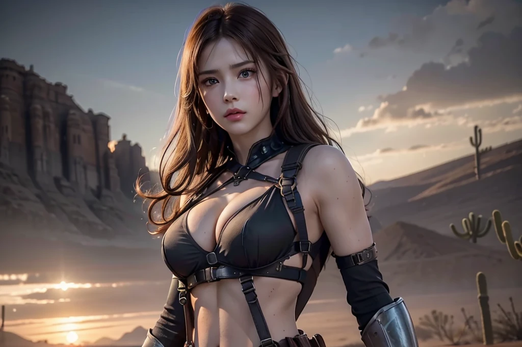 super fine illustration, ultra high resolution, masterpiece, highest quality, perfect lighting, detailed lighting, dramatic shadow, ray tracing, 1 Femail warrior, (((solo:1.5))), cute face, Big breasts, exposed cleavage, beautiful detailed hazel eyes, sharp face, clear eyes, long bang, ((medium curly hair:1.2)), blonde hair, ((post-apocalyptic fiction)), ((desert:1.2)), ((outdoor)), ((desert battle suit)), ((military harness)), world of the Mad Max, Resident Evil Series, full body, from below,