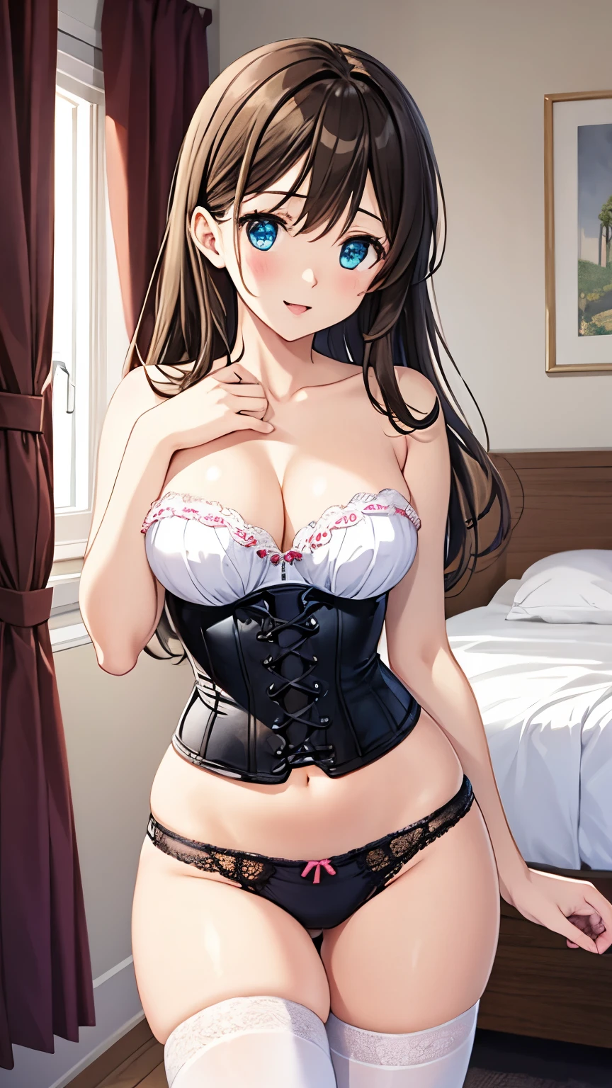 (masterpiece, best quality, absurdres, game CG, illustration), 1girl, solo, mayu kuroe, beautiful detailed eyes, standing, bedroom, strapless corset, lace panties, thigh highs