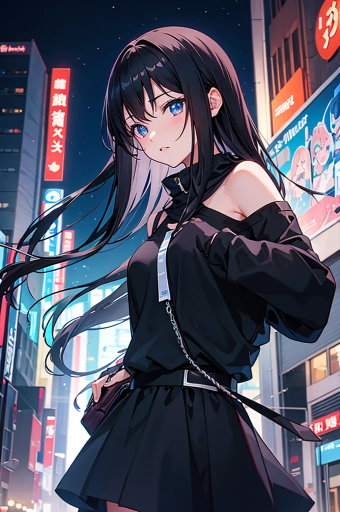 anime girl, dark hair, night blue city