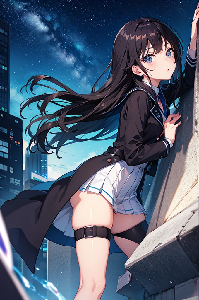 anime girl, dark hair, night blue city